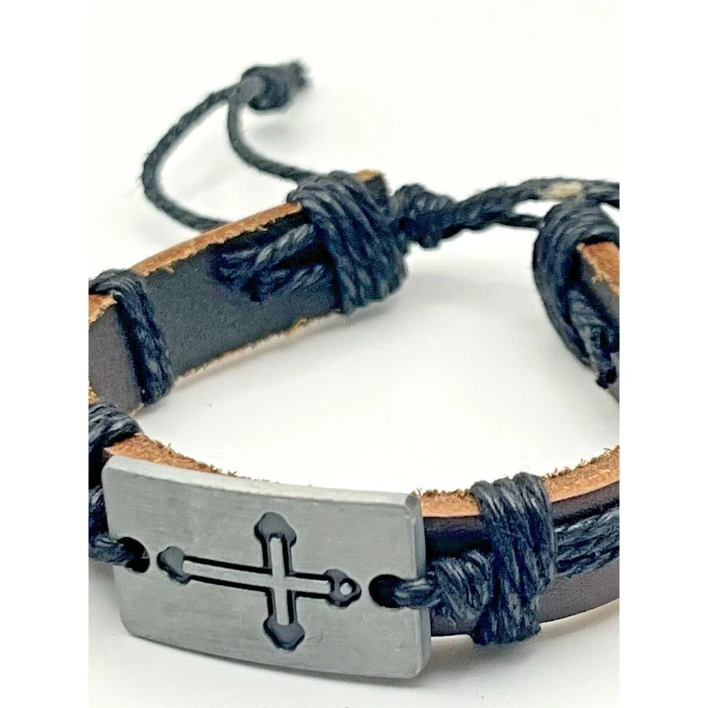 Lot of 2 Faux Leather Cross Adjustable Bracelet Set Dark Brown & Light Brown